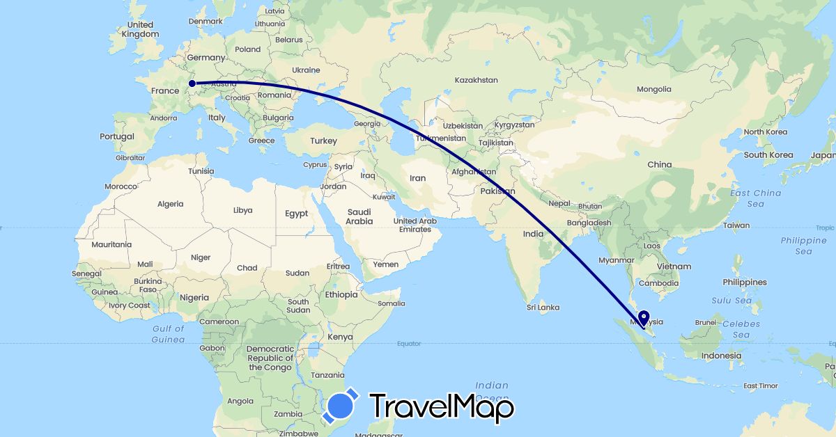 TravelMap itinerary: driving in France, Malaysia (Asia, Europe)
